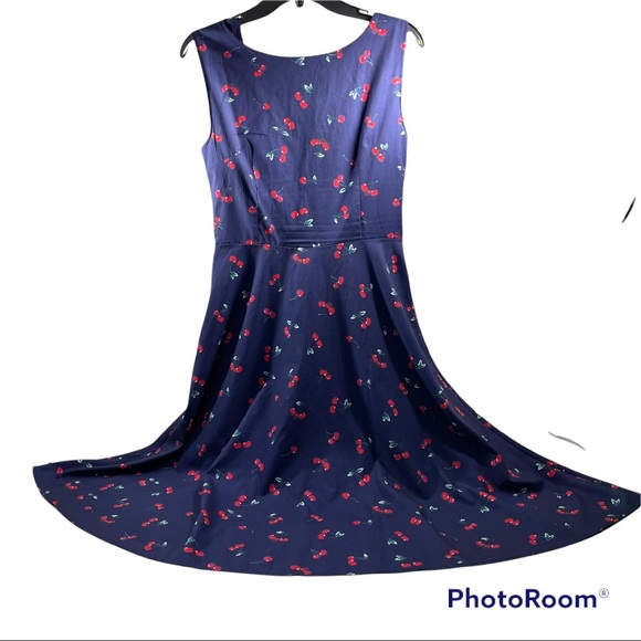 Navy Cherry Print Fit and Flare Pinup Swing Dress Medium? - Picture 2 of 7